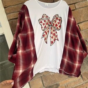 White and Red Long Sleeve Tee with Plaid Sleeves and Bow Design